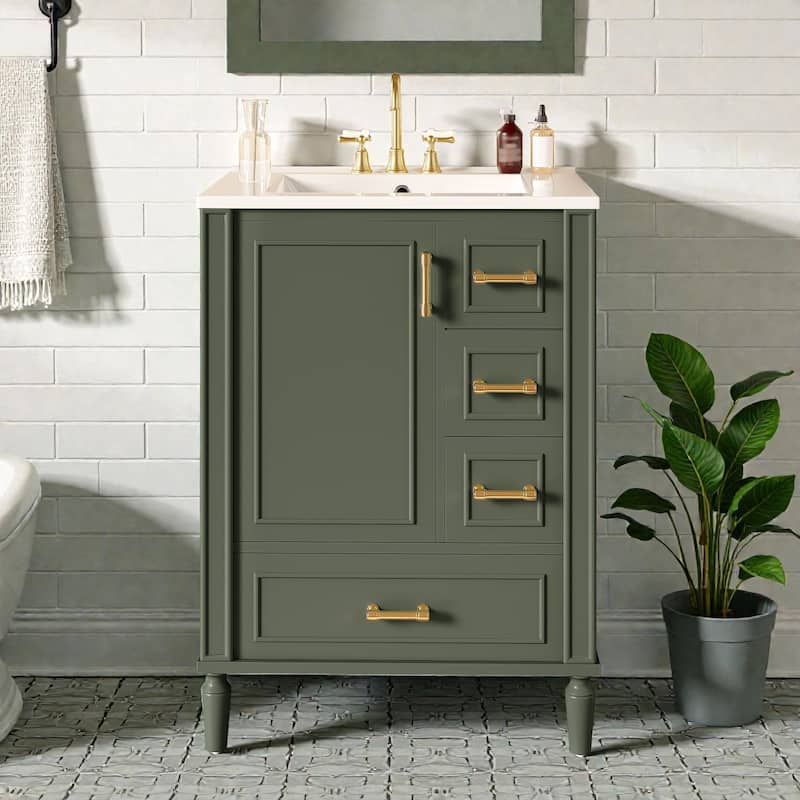 24" Modern Bathroom Vanity with Ceramic Sink, 3 Drawers, Soft-Close Door, Gold Handles, Space-Saving Storage - Olive Green