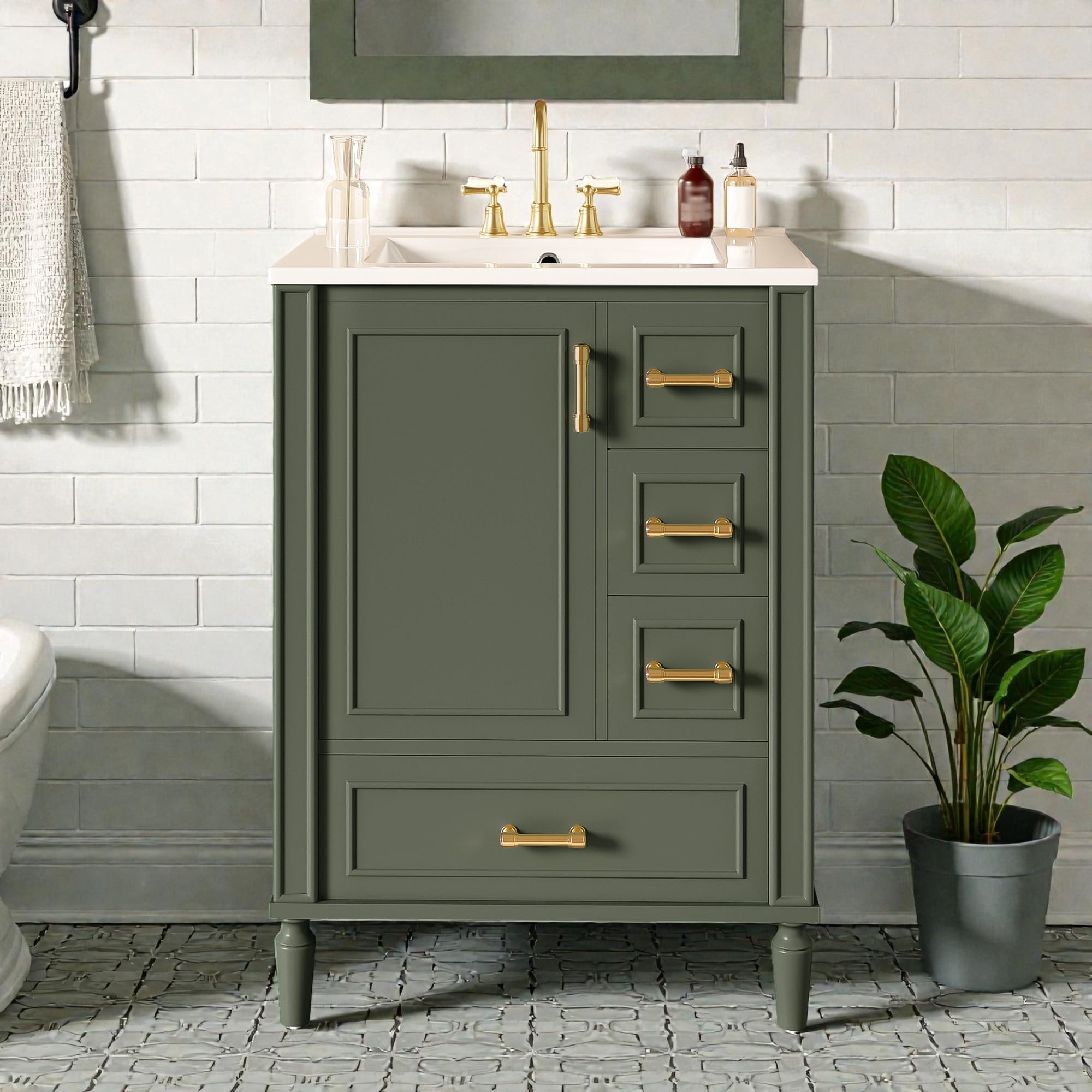 24" Modern Bathroom Vanity with Ceramic Sink, 3 Drawers, Soft-Close Door, Gold Handles, Space-Saving Storage