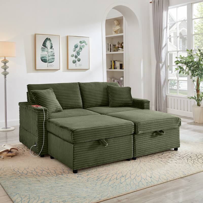 Modular Chaise Sleeper Sofa Bed, Corduroy Loveseat Couch & Storage Ottomans Set with Folding Table Boards and USB Ports