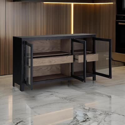Liam 60 Inch Sideboard Accent Cabinet, 3 Glass Door, Gray and Black Wood