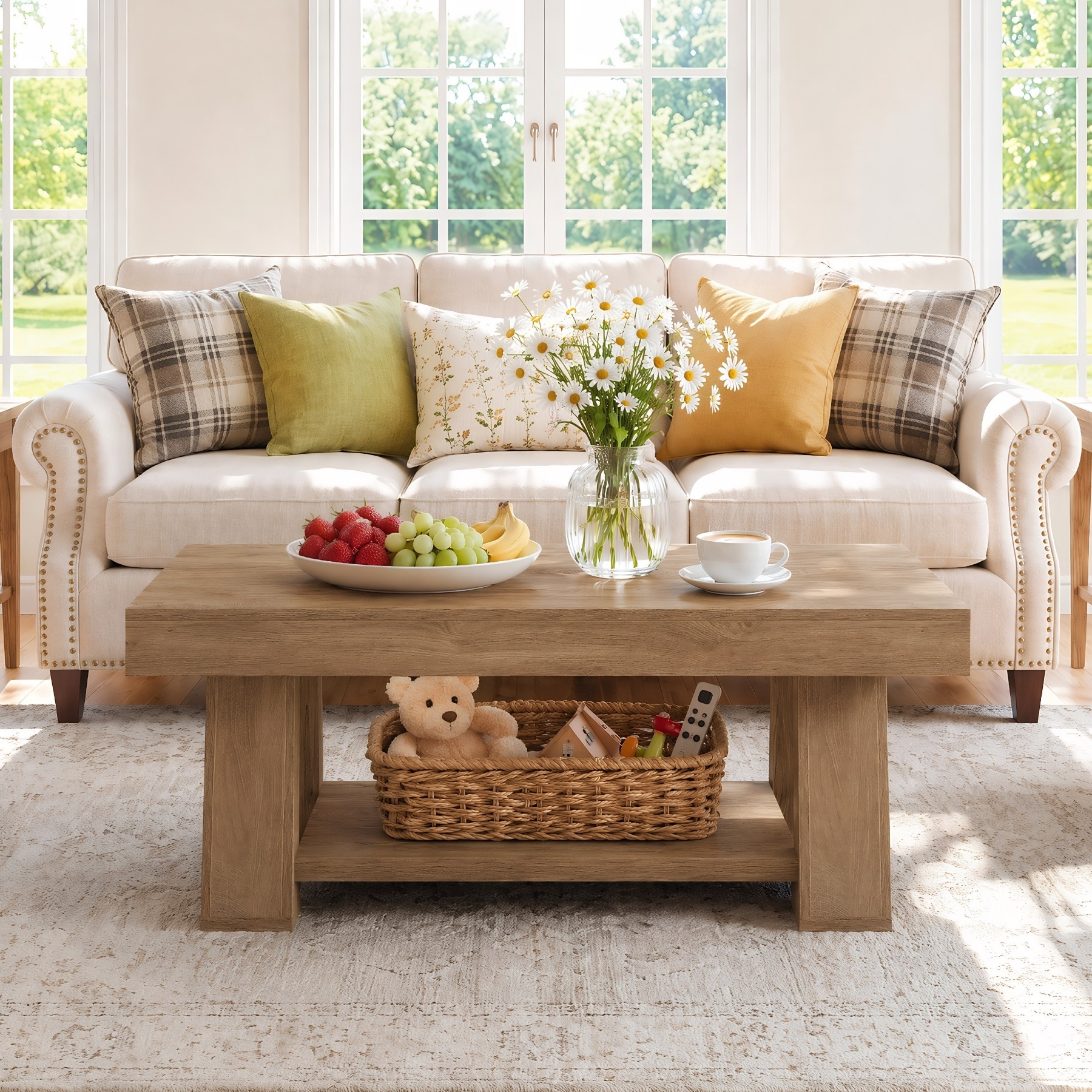 55.1-Inch Large Farmhouse Wooden Rectangle Coffee Table with Shelf