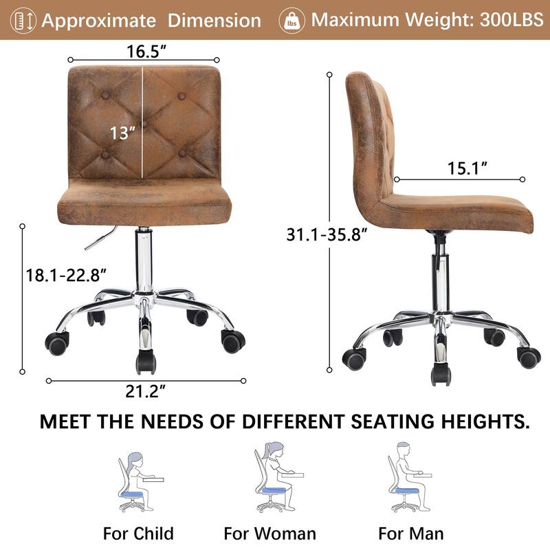 Javlergo Armless Office Desk Chair, PU Leather Mid-Back Adjustable Height 360° Rolling Swivel for Home Office Work