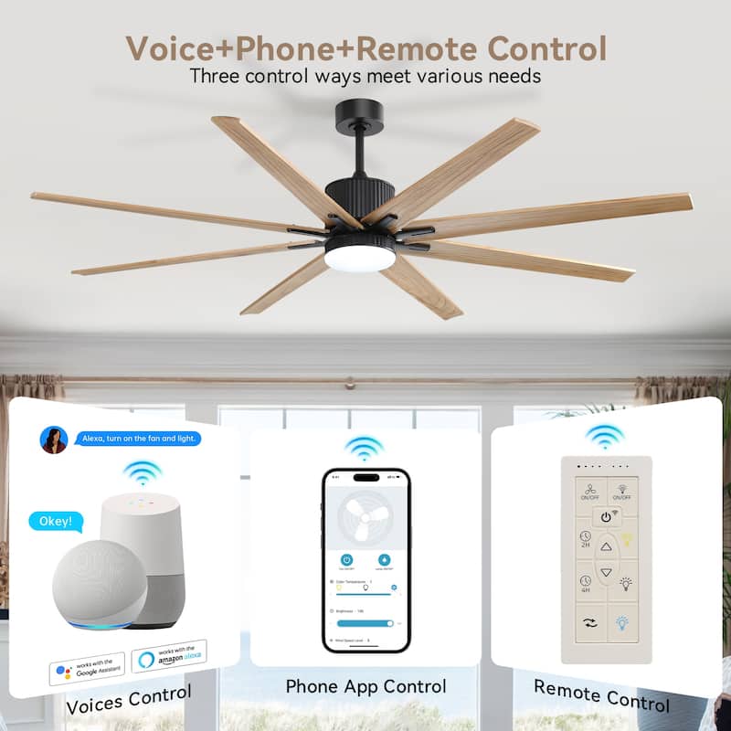 52"/66"/72"/76 Inch Modern Ceiling Fan with Dimmable LED Light ,Remote&APP Control,8 Blades for Large Living Room,Porch