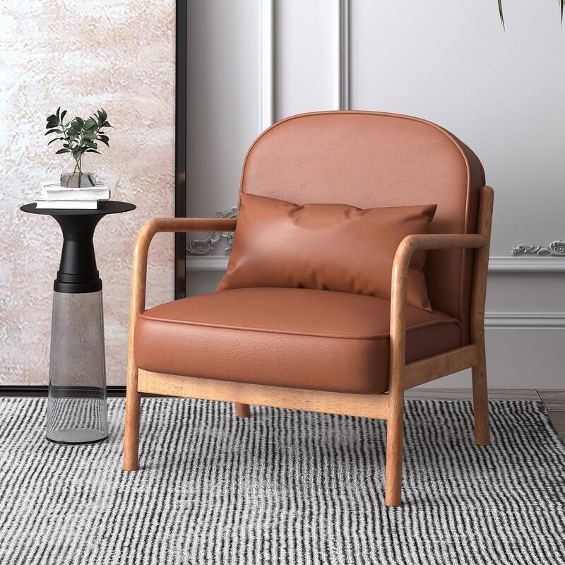 Mid-Century Modern Faux Leather & Solid Wood Accent Chair