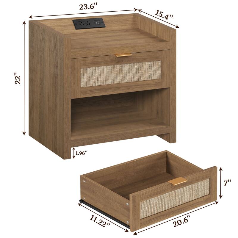 Farmhouse Nightstand with Charging Station and Drawers