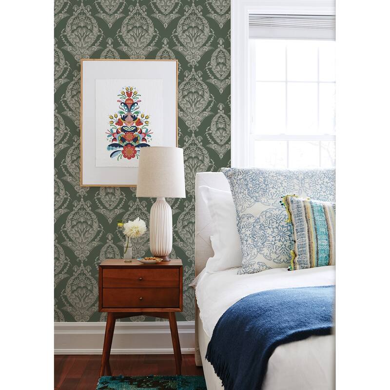 A-Street Prints Arlie Evergreen Botanical Damask Wallpaper