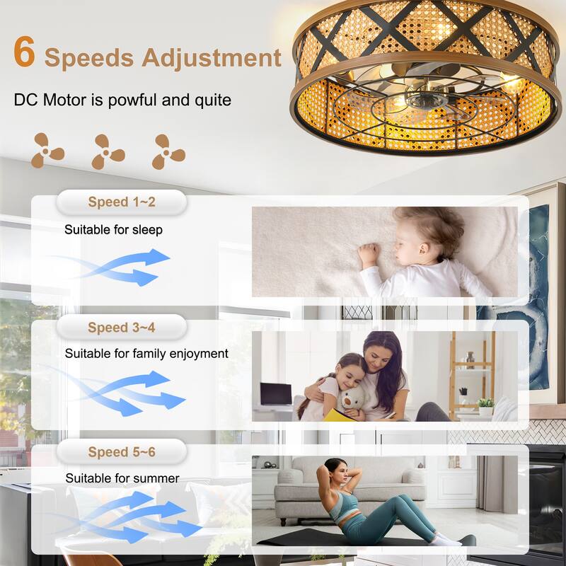 Bella Depot 23" Rustic Reattan Drum Ceiling Fan with Light and Remote 6-speed