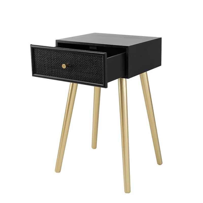 14 in. Black and Gold Rectangle Wood End Table with Storage Drawer for Convenience