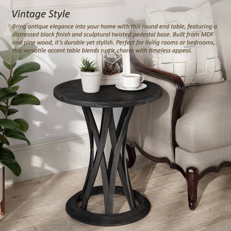 COZAYH Round Farmhouse End Table with Crisscross Pedestal Base, Distressed Finish Side Table Rustic Accent Table, Black