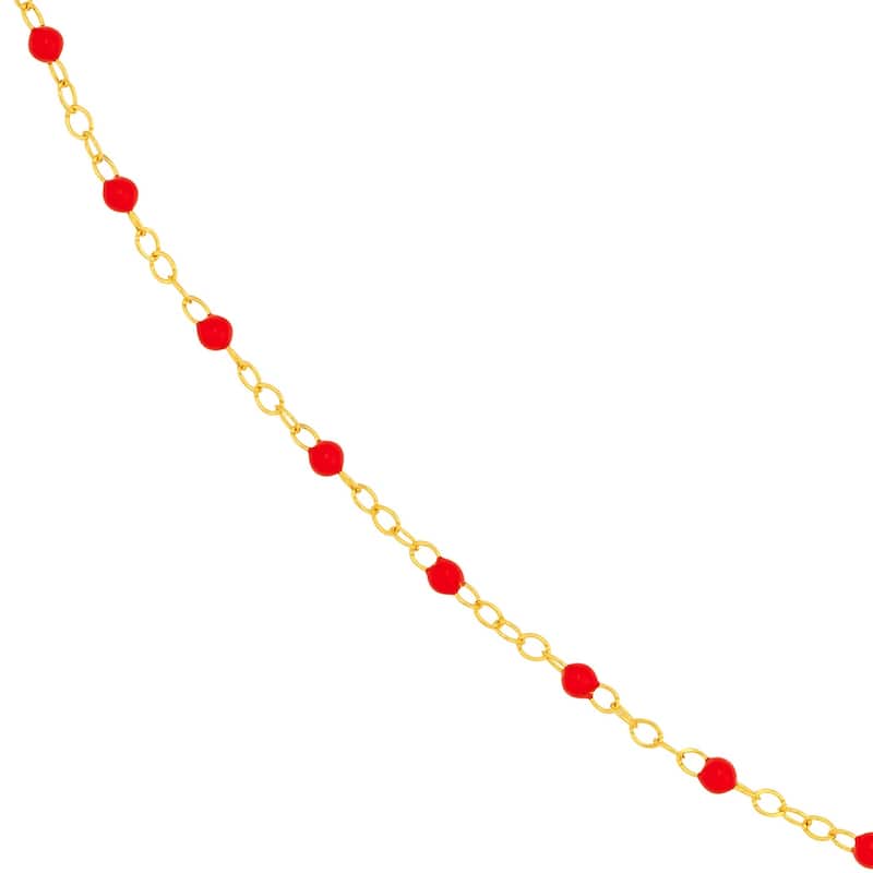 Curata 14k Yellow Gold 18" Red Enamel Bead Piatto Chain Necklace (Spring-ring)