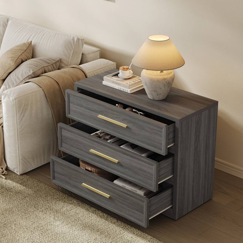 Gold-Accent 3-Drawer Nightstand: Multi-Use for Bedrooms, Guest Rooms & Dressers