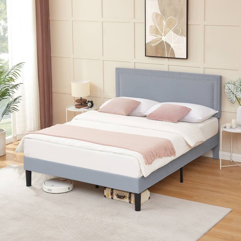VECELO Upholstered Bed Frames with Height Adjustable Headboard