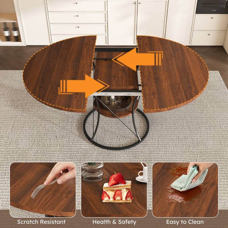 43.31" Round Extendable Wooden Dining Table with Storage Shelf and Metal Base