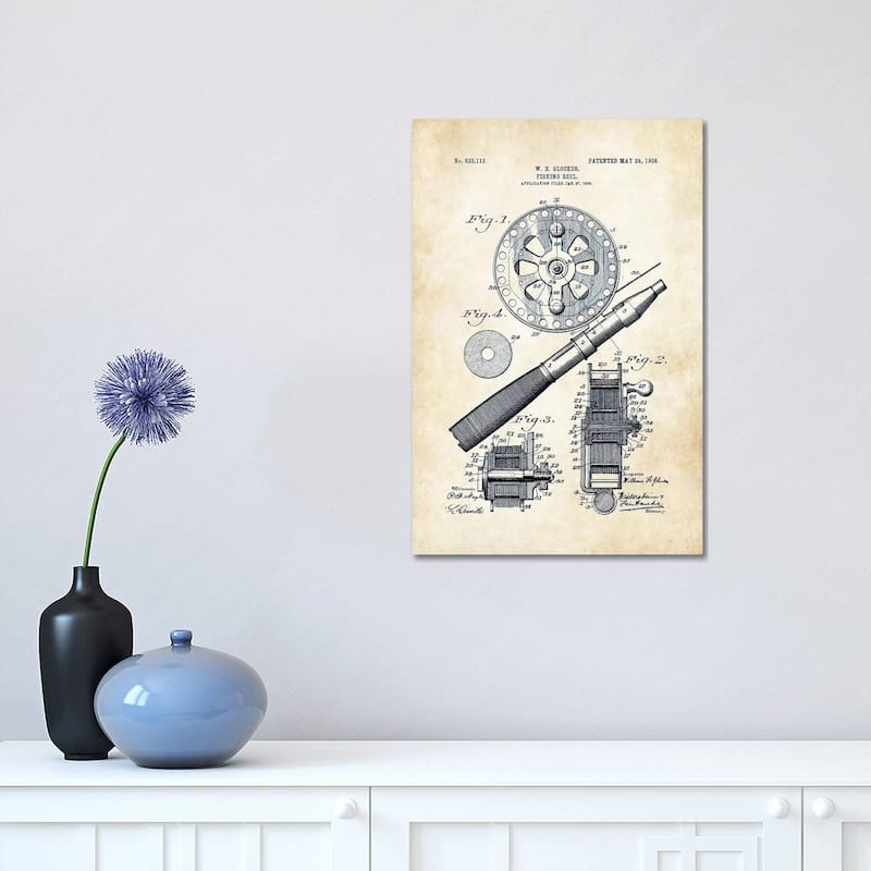 iCanvas "Fly Fishing Reel (1906)" by Patent77 Canvas Print - 18x12x1.5
