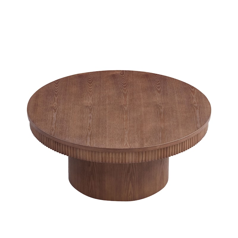 35.43 inch Walnut Round Coffee Table with Solid Wood Ribbed Wave Trim,MDF+ Wood Veneer Table for Living Room,Apartment,Office