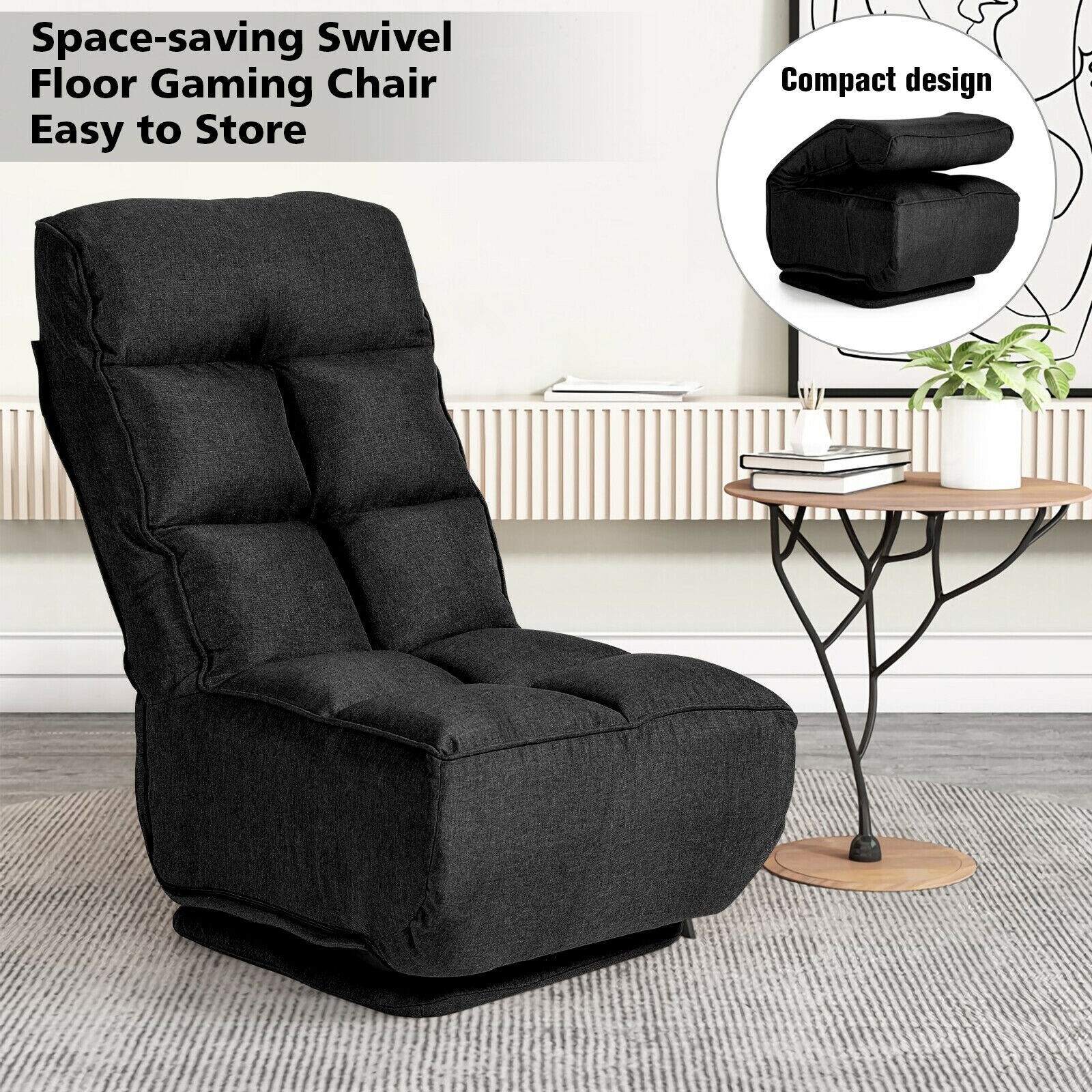 Tufted Linen Cushion Reading Foldable Floor Sofa Black 360-Degree Swivel Lazy Sofa Floor Chair w/ 6 Adjustable Positions Video Gaming Chair for TV Giantex Folding Floor Gaming Chair 