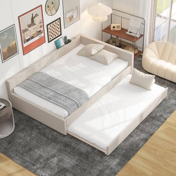 slide 2 of 13, Full Size Upholstered Platform Bed with Built-in USB Ports and Twin Trundle for Extra Storage and Sleeping Space Beige