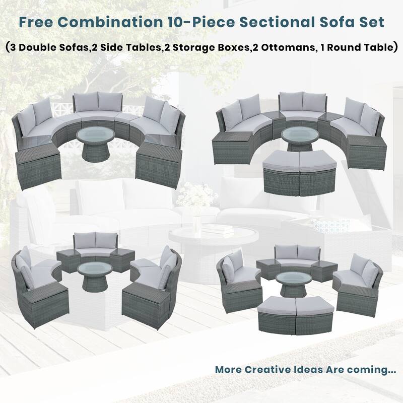 10-Piece Outdoor Sectional Half Round Patio Rattan Sofa Set, PE Wicker Conversation Furniture Set for Free Combination