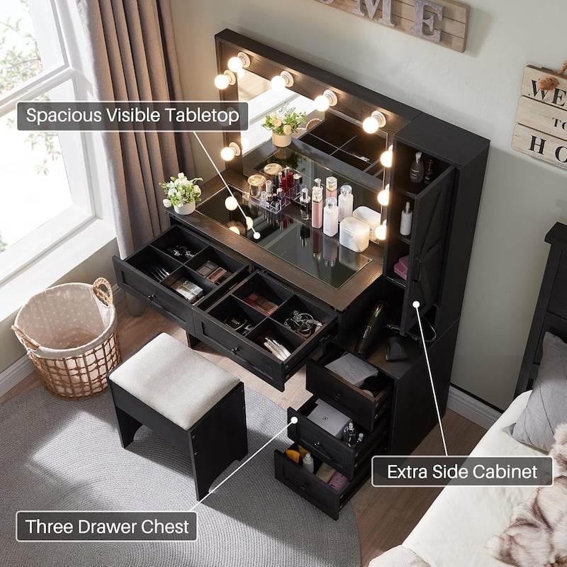 Farmhouse Vanity Makeup Desk with Charging Station, Makeup Table Set
