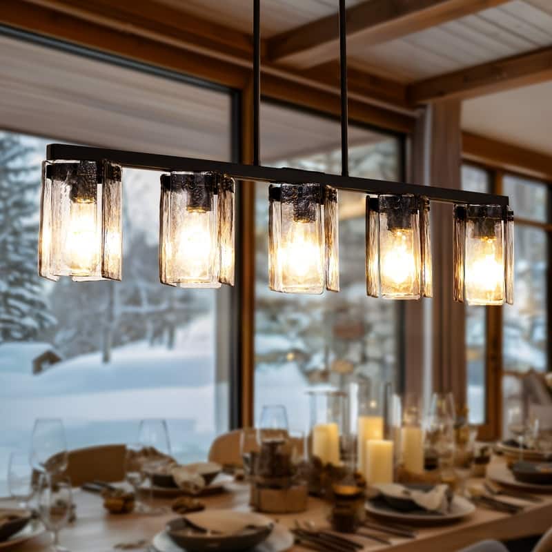 41'' Farmhouse Linear Chandelier, 5-Light Matte Black Kitchen Island Lighting with Handcrafted Bent Glass Shades for Dining Room