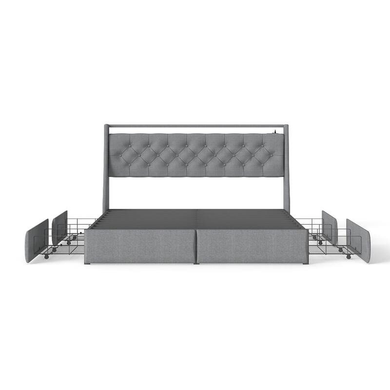 Queen Metal Platform Bed Frame - Grey, Storage Headboard with RGB LED & Charging Station