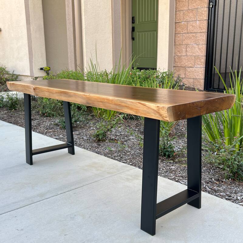 Greenage Pieced Teak Rectangle Bench Rustic Metal Seating Chair