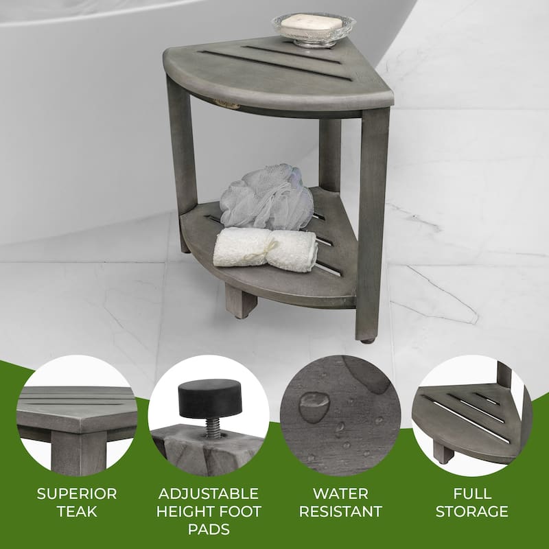 CoastalVogue, Teak Corner Shower Shelf, Shower Stool for Shaving Legs, Shower Foot Stool, Teak