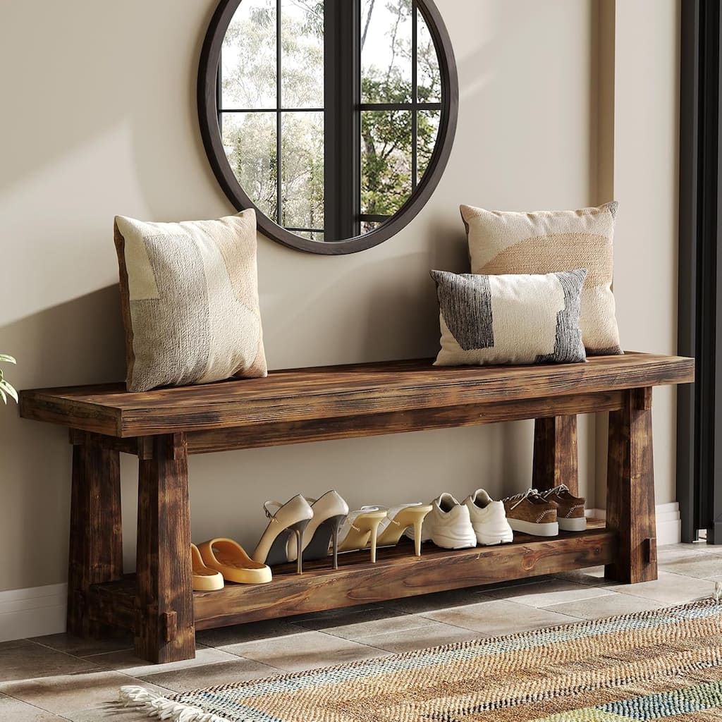 55" Solid Wood Entryway Bench with Shoe Storage, Charred Wood Grain