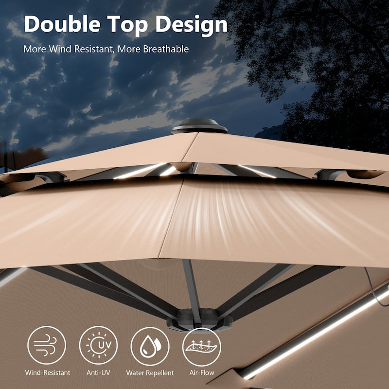 MAISON ARTS 13ft Double-Sided Outdoor Umbrella, 2-Tier Vented Market Umbrella with Colored Lights and Base