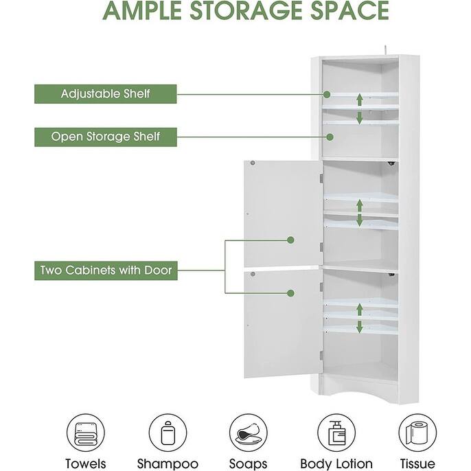 Home Tall Corner Cabinet with 2 Doors and 2 Tiers of Outside Shelves, Freestanding Storage Cabinet with Adjustable Shelves
