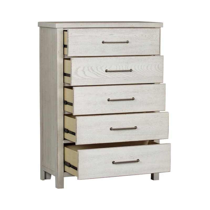 Modern Farmhouse Flea Market White Distressed 5 Drawer Chest