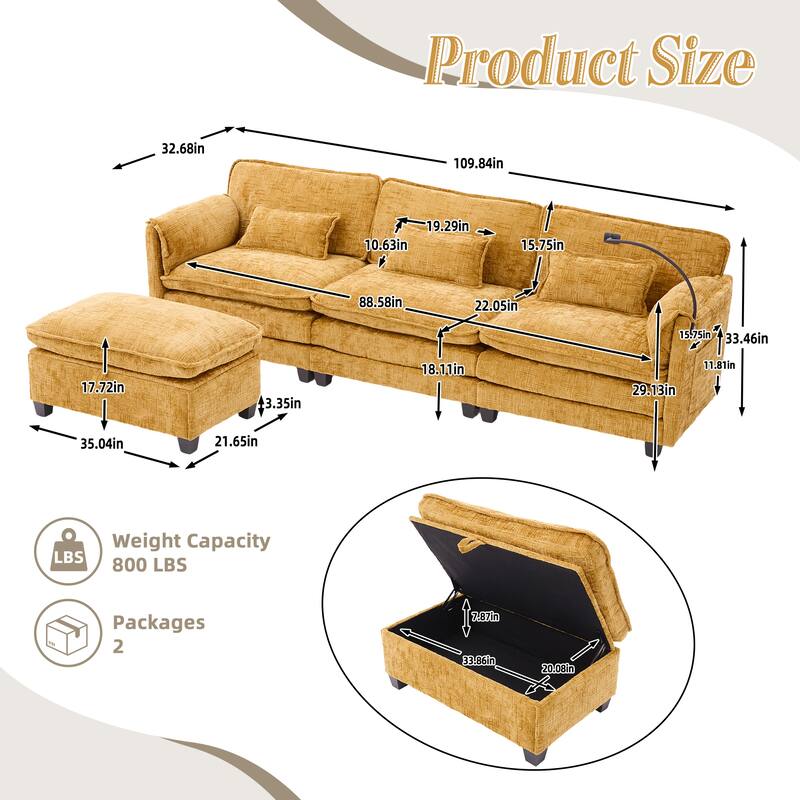 Modern Chenille Chaise Couch L-shaped Sectional Sofa with Storage Ottoman, Phone Holder, USB/Type-C Ports and Side Pockets