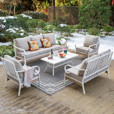 MAISON ARTS 7-Seat Patio Conversation Set, 2/4 x Cushioned Metal Chair, 1 x 2-Seat Sofa,1 x 3-Seat Sofa with Coffee Table