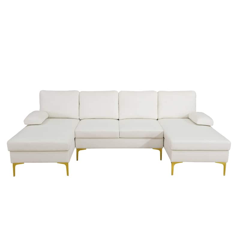Off-white Fluffy Fabric U-shaped 3-Piece Living Room Sofa set - White