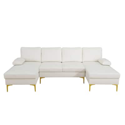 Off-white Fluffy Fabric U-shaped 3-Piece Living Room Sofa set