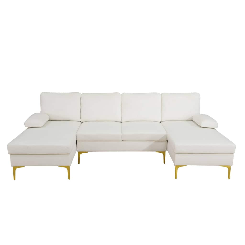 Off-white Fluffy Fabric U-shaped 3-Piece Living Room Sofa set