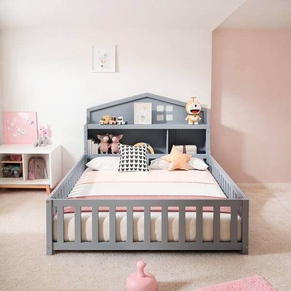 slide 2 of 31, Full-Size Montessori Floor Bed with Bookcases & Blackboards, Solid Wood Design for Kids with Guardrails & Storage, Grey Grey