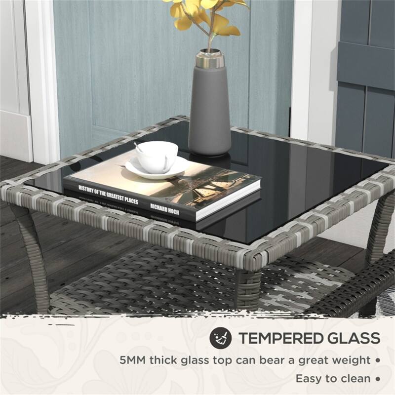 Mixed Grey-Black Aluminum PE Rattan Outdoor Coffee Table 2-Tier - 19.75" L x 19.75" W x 17.75" H