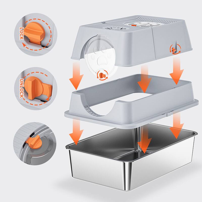 Large Stainless Steel Enclosed Cat Litter Box with Lid, Metal Kitty Litter Box with Flip Cover, Removable Top and Litter Scooper