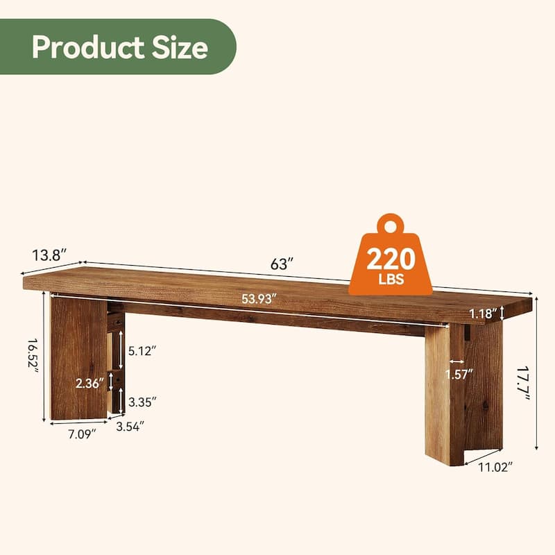 62.99" Solid Wood Bench with Thickened Legs for Entryway, Entrance, Dining Room, Living Room, End of Bed