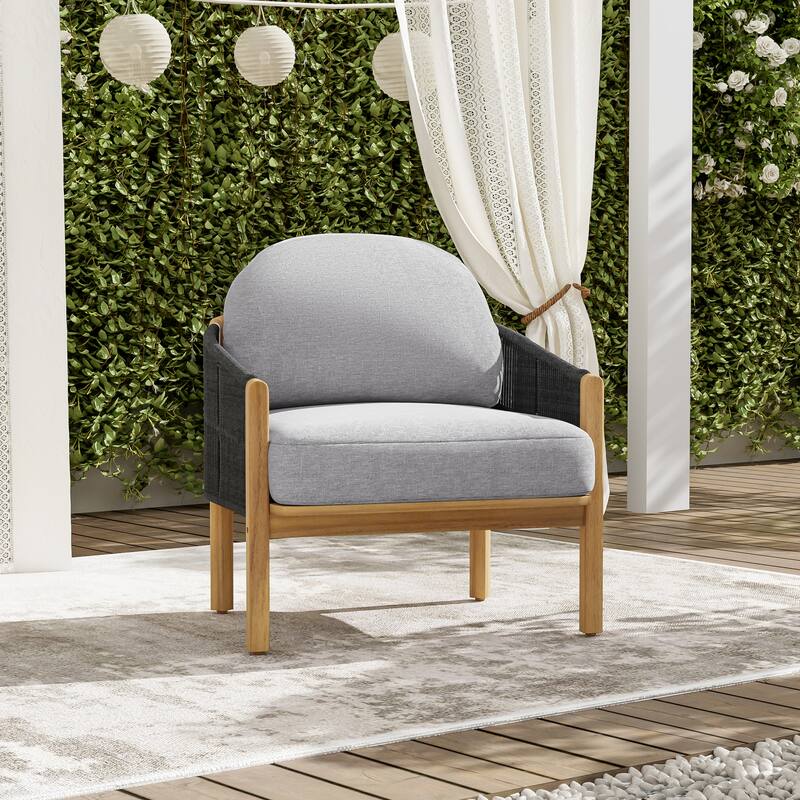 Roomfitters Grotta Outdoor Acacia Wood Club Chair with Rope Woven Back, Teak Finish and Grey