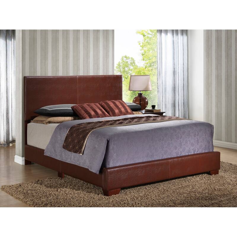 Brown Upholstered Panel Bed - Faux Leather Cover, Easy Assembly & Box Spring Support