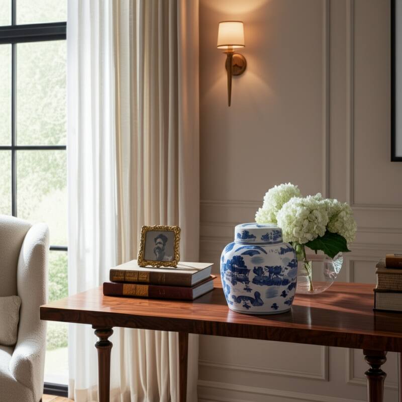 Rectangular Chinoiserie Ceramic Table Jar with Lid - 9.75"