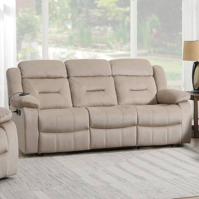 Velvet Upholstered Manual Motion Recliner Sofa with USB Port
