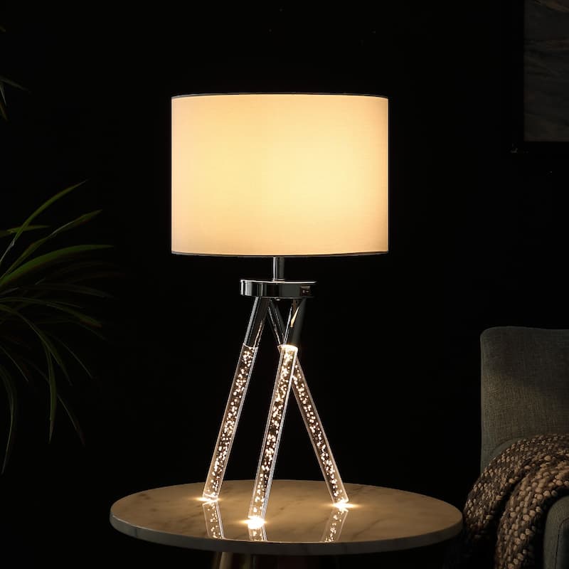 26" Silver Metal Tripod Table Lamp with White Fabric Drum Shade and Rotary Socket for Bedroom - 26.25"H x 14"W x 14"D