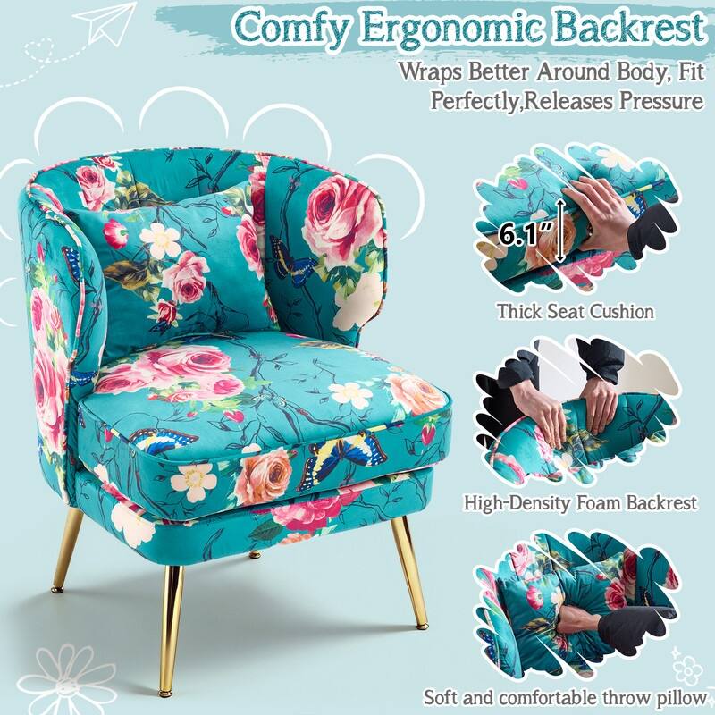 Mid Century Modern Upholstered Reading Chair with Lumbar Pillow, Gold Metal Legs, Small Space Friendly for Living Room Bedroom