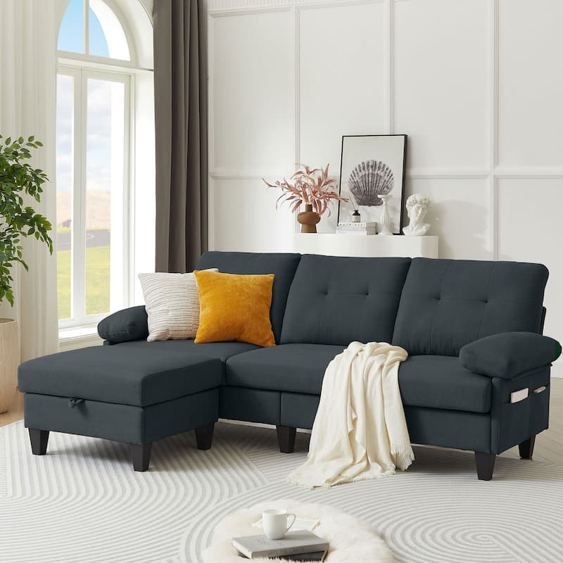 84.45" Wide Sectional Sofa with Ottoman & Side Storage Bags