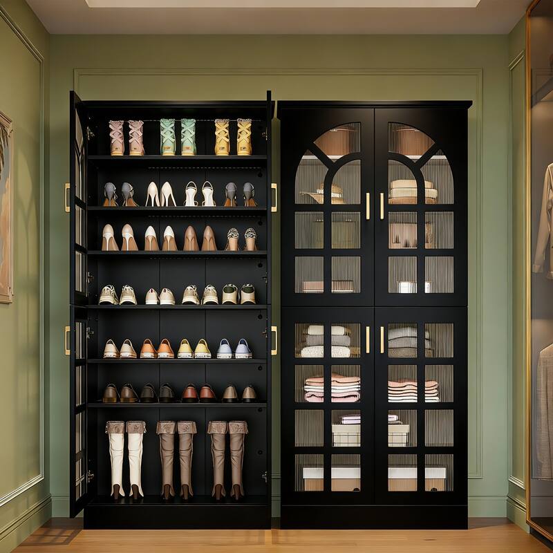 35 Pairs Tall Shoe Storage Cabinet with Doors, 8 Tiers Shoe Rack Organizer with LED Light and Adjustable Shelves for Entryway - Black(2-Piece)
