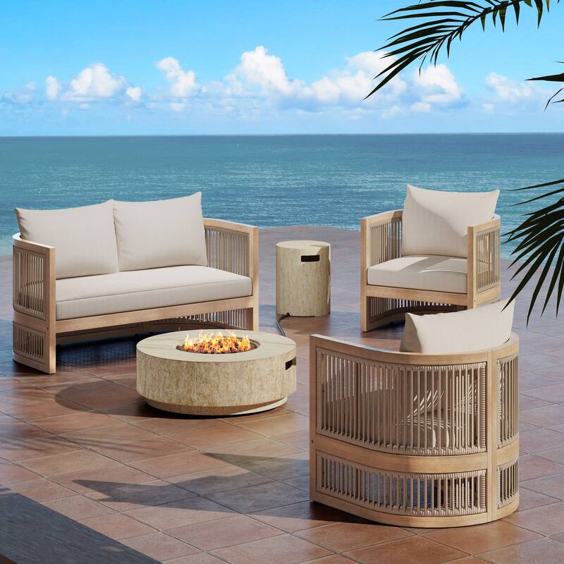 Christopher Knight Home - Oakley 4-Person Acacia Patio Conversation Set With Fire Pit Table - Light Teak+Beige Rope+Beige Cushion