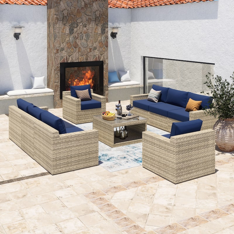 Ventura 9-Piece Multiple Chairs Rattan Seating Collection - Navy Blue